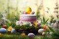 Eeaster cake with decorative eggs on blurred background. AI generated Royalty Free Stock Photo
