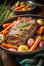 eef chuck pot roast with carrots Yukon gold potatoes braised in broth. Traditional American cuisine dish specialty Royalty Free Stock Photo