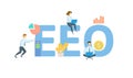 EEO, Equal Employment Opportunity. Concept with keywords, people and icons. Flat vector illustration. Isolated on white.