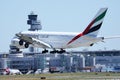 A6-EEP Emirates Airbus A380 approaching runway in Dusseldorf DUS Royalty Free Stock Photo