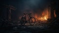 Eerie Adventure: Bicycle Amidst Burning Building