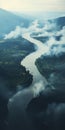 Eerie Aerial View Of Foggy River: Ominous Vibe And Nature\'s Beauty