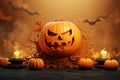 Eerie allure 3D illustration combines Halloween, cloudy smoke, pumpkin podium for captivating display