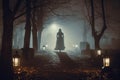 Mysterious woman in a long white dress walking in a foggy cemetery Royalty Free Stock Photo