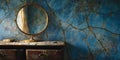 Eerie Antique Vanity Mirror Reflection Decaying Blue Wall Background Royalty Free Stock Photo