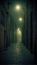 The eerie atmosphere of a fictitious dockland area at night. AI generated illustration