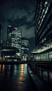 The eerie atmosphere of a fictitious dockland area at night. AI generated illustration