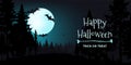 Eerie atmosphere of Happy Halloween vector banner illustration. A spooky moonlit night featuring a haunting forest, bats, and a