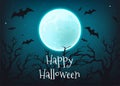 Eerie atmosphere of Happy Halloween vector illustration. A spooky moonlit night featuring a haunting tree, bats, and a full moon. Royalty Free Stock Photo