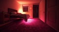 Eerie bedroom filled with dim red light. Poltergeist activity making the bed float. Generative AI