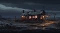 Eerie Cabin In Stormy Night: A Gritty And Realistic Illustration