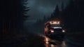 Eerie Canada: Red Ambulance Truck Driving On Rainy Road