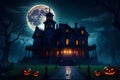 An eerie and captivating halloween scene-featuring a haunted mansion at midnight full-moon