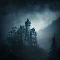 eerie castle looming in the mist, fantasy art, AI generation