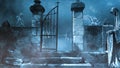 Eerie Cemetery Gate with Blue Foggy Atmosphere Royalty Free Stock Photo