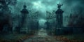 Eerie Cemetery Gate Looms Over Halloween Scene, Providing Ample Space For Text Royalty Free Stock Photo