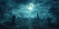 Eerie Cemetery Illuminated By Moonlight, With Bats Fluttering In Cloudy Night Royalty Free Stock Photo