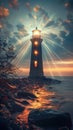 Eerie charm Age old haunted lighthouse emanates mystical light beams at midnight