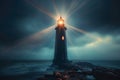 Eerie charm Age old haunted lighthouse emanates mystical light beams at midnight