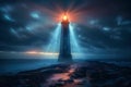 Eerie charm Age old haunted lighthouse emanates mystical light beams at midnight