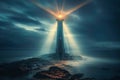 Eerie charm Age old haunted lighthouse emanates mystical light beams at midnight