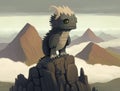 An eerie chimera perched atop the highest peak its many heads surveying the landscape below. Cute creature. AI