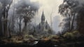 Eerie Church In Fog: Highly Detailed Gothic Australian Landscape Painting