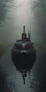 Eerie Cinematic Still Shot: Black Submarine In Foggy Canal