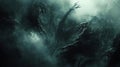 Eerie dark abstract creature emerges from the mist in an atmospheric and haunting background of shadows and fog
