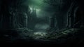 an eerie dark forest with trees and stone pillars