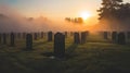 Eerie dawn light bathes rows of tombstones in a military cemetery, Ai Generated