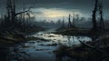 Realistic Painting Of A Dark Swamp With Dead Trees