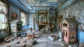 Eerie deserted children's playroom with worn-out toys, dollhouse and abandoned furniture. Concept of forgotten