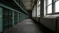 Eerie and desolate corridor of an abandoned prison with rows of decaying cells and large arched windows Royalty Free Stock Photo