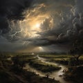 Eerie and Dramatic Thunderstorm Above Serene Landscape