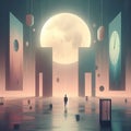 Eerie dreamcore illustration with quiet dreamscape and a lone figure Royalty Free Stock Photo