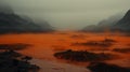 Eerie Dreamscapes: Orange Rivers In The Desert With Mountain Backdrop