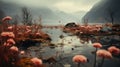 Eerie Dreamscapes: Pink Flowers In A Cold Mountain Lake