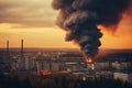 Eerie Dusk: Industrial Chimney Spewing Toxic Smoke in Desolate Urban Landscape