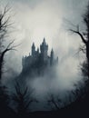 An eerie een fog hangs in the air cloaking the gothic castle in an eerie haunted atmosphere. Gothic art. AI generation Royalty Free Stock Photo