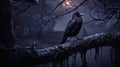 Eerie Elegance: Raven Perched on Rain-Soaked Tombstone in Graveyard Royalty Free Stock Photo