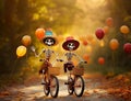 Eerie Elegance: Skeletons on Vintage Bicycles Amidst Autumn\'s Glow