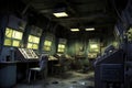 eerie empty control room with broken equipment