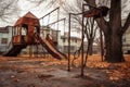 an eerie, empty playground with rusted swings and slide