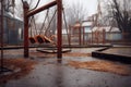 an eerie, empty playground with rusted swings and slide