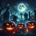 Spooky Night with Jack O' Lanterns Casting a Ghostly Glow in the Graveyard. Generative ai for illustrations Royalty Free Stock Photo