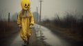 Eerie Encounter: A Funny Head In A Yellow Outfit On A Spooky Rural Road Royalty Free Stock Photo