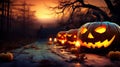 Eerie Encounter Jack O\' Lanterns in a Spooky Forest with Ghost Lights - Halloween Background. created with Generative AI