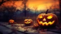 Eerie Encounter Jack O\' Lanterns in a Spooky Forest with Ghost Lights - Halloween Background. created with Generative AI Royalty Free Stock Photo