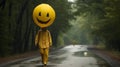 Eerie Encounter: Smiling Maniac Umbrella Meets Yellow Masked Linda